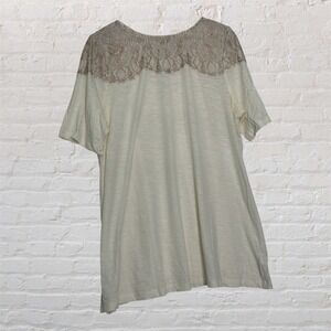 LOGO Lori‎ Goldstein Womens XL Cream Lace Yoke Zip Back Cotton Slub Knit Top